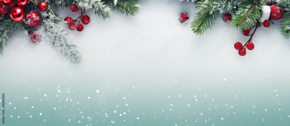 Poster A festive invitation and New Year postcard with a flat lay presentation The copy space image features Christmas ornaments fir tree branches adorned with red berries and various decorative elements on
