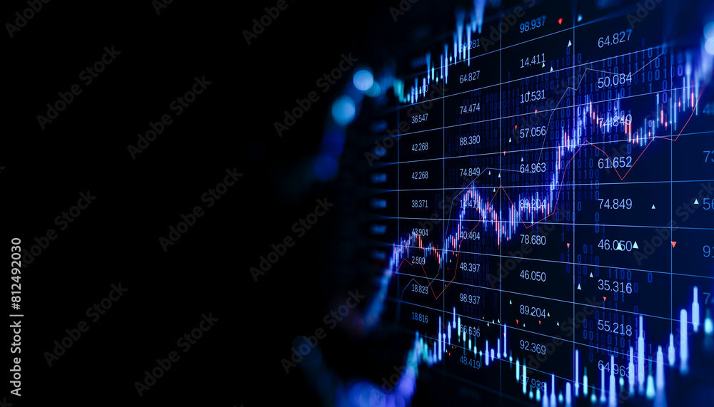 Poster Creative candlestick forex chart with index on dark background with mock up place. Trade, finance and stock exchange concept. 3D Rendering.