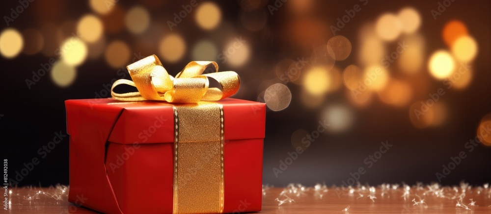 Poster A festive Christmas backdrop featuring a red gift box adorned with a golden bow set against a backdrop of softly blurred Christmas lights Ample space for a custom image