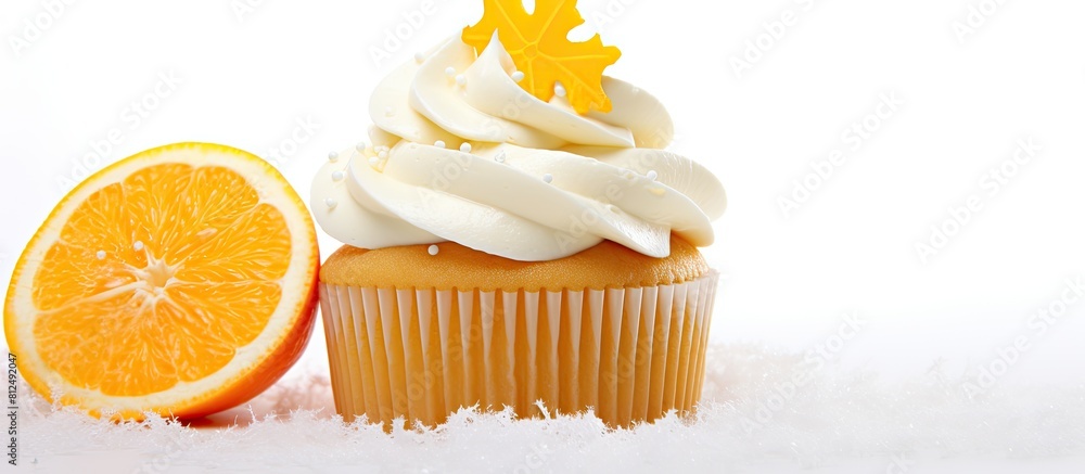 Poster a festive yellow cupcake with whipped cream is adorned with a snowflake and tangerines set against a