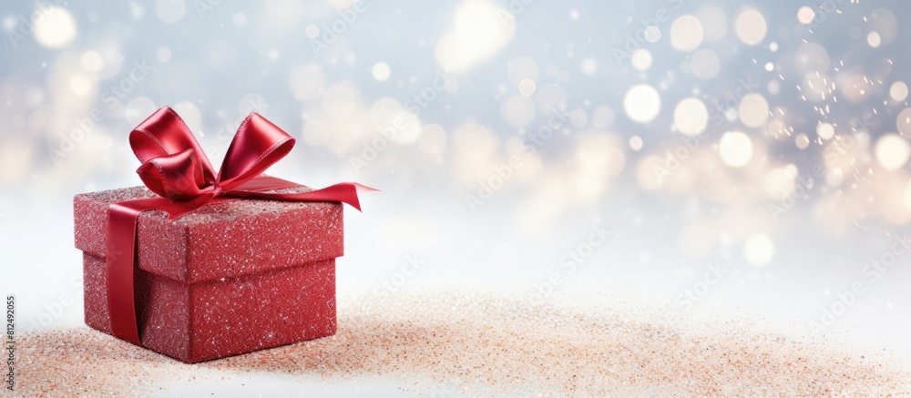 Poster a festive red gift box with a ribbon bow decorated with a christmas new year theme is showcased on a