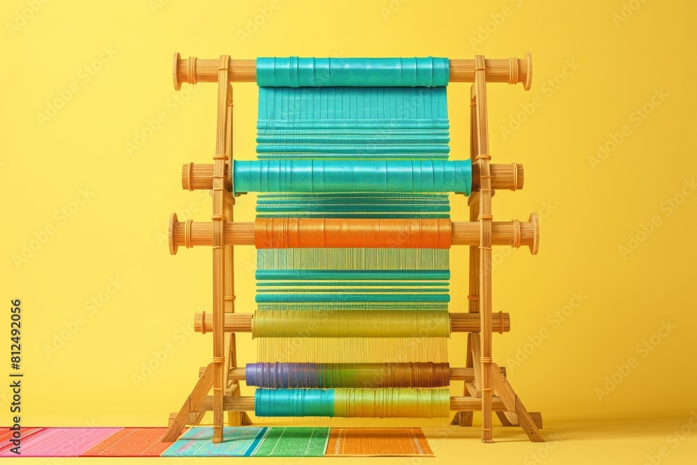 Poster a wooden loom with colorful threads is displayed on a colorful background