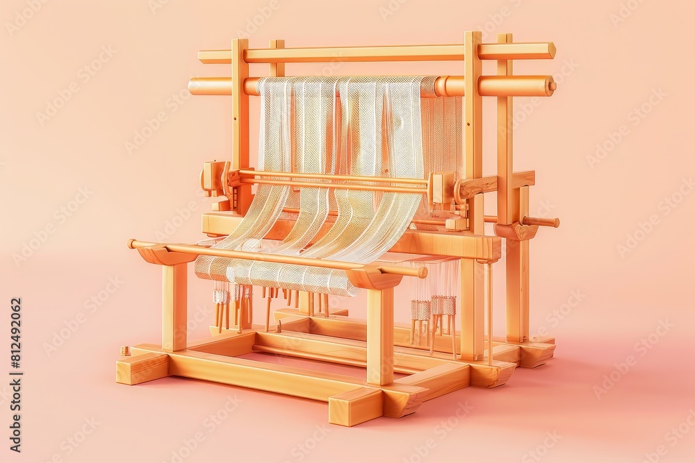 Aufkleber a wooden loom with colorful threads is displayed on a colorful background