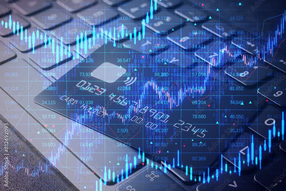 Poster close up of bank card and laptop keyboard with creative candlestick forex chart with index on dark b