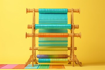 A wooden loom with colorful threads is displayed on a colorful background