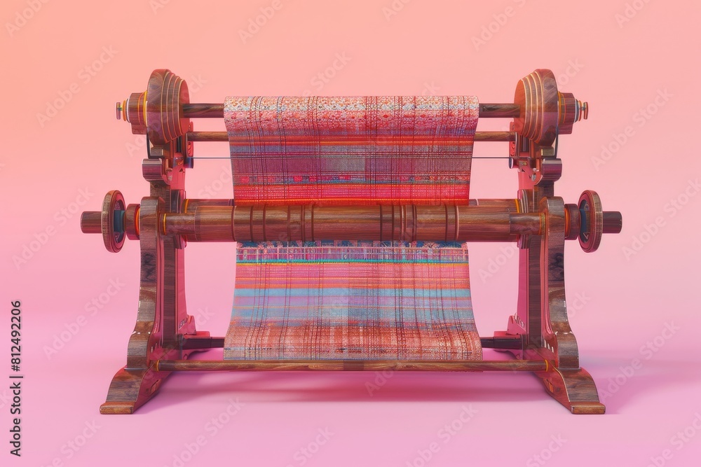 Poster a wooden loom with colorful threads is displayed on a colorful background