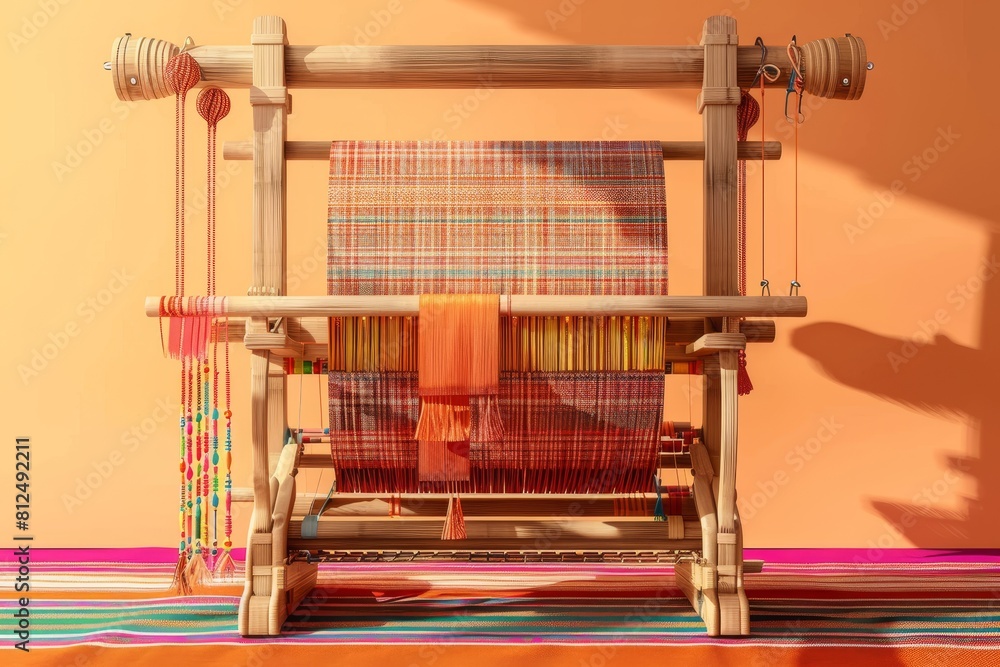 Poster a wooden loom with colorful threads is displayed on a colorful background