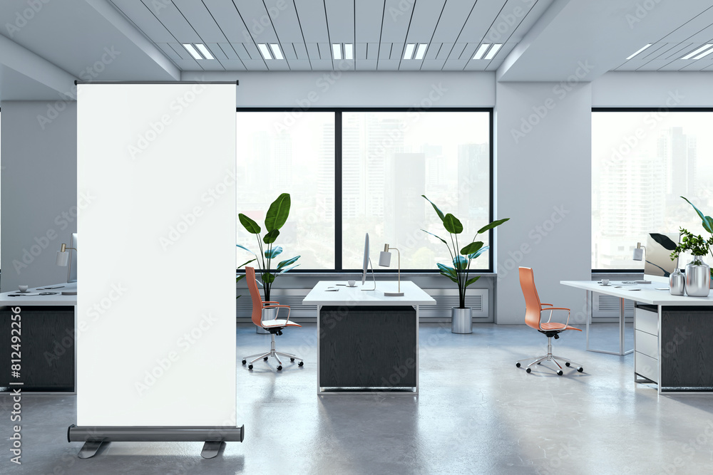 Poster modern concrete coworking office interior with empty white roll-up banner, panoramic windows and cit