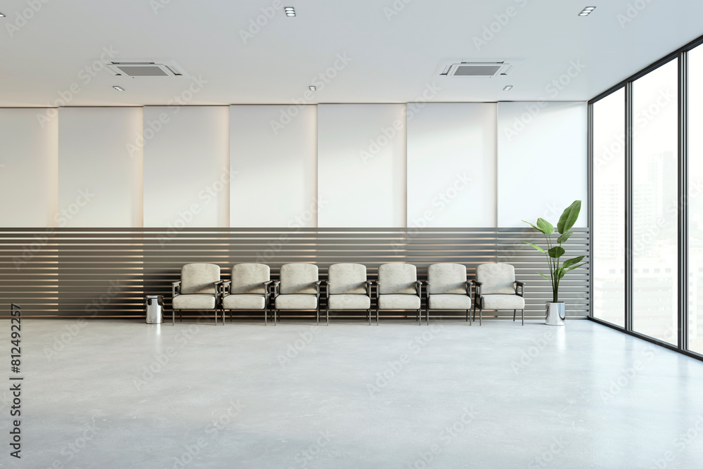 Poster modern waiting area with rows of gray chairs against a striped wall, large windows providing city vi