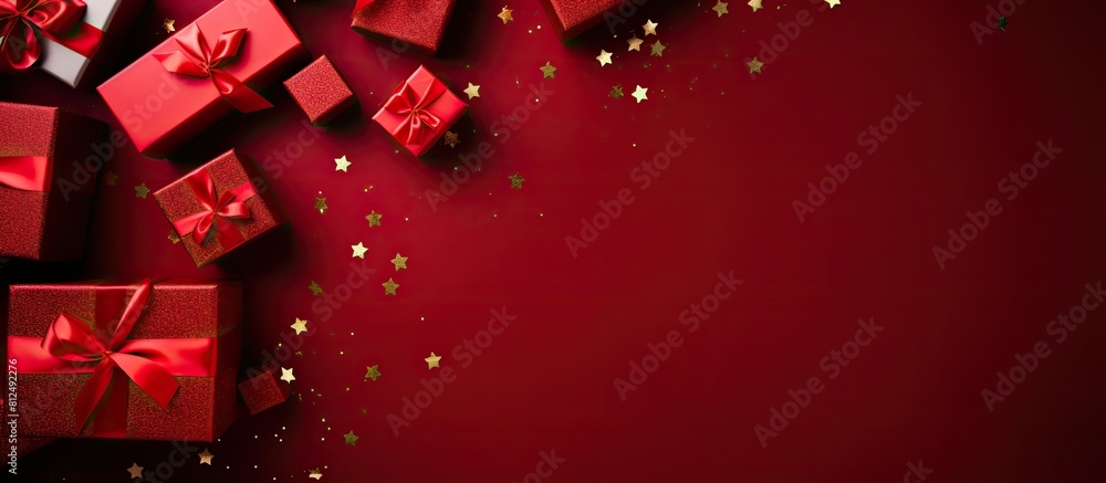 Aufkleber a festive top view image showing various gift boxes embellished with red ribbons on a vibrant backgr