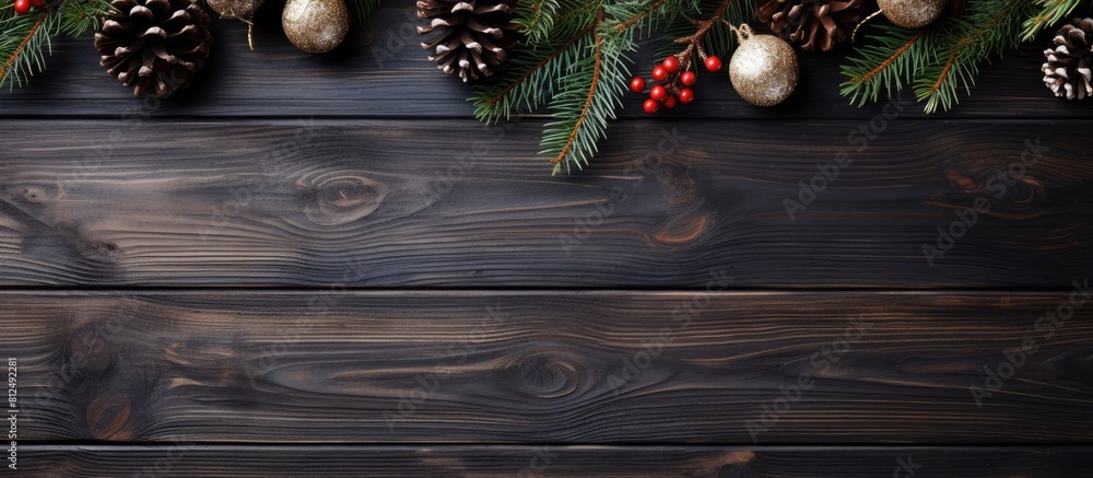 Aufkleber A festive winter holiday design featuring a top down view of spruce branches cones and toys on a dark wooden background Ideal for adding text. Creative banner. Copyspace image