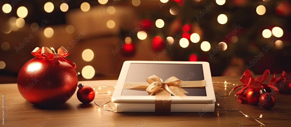 Poster A festive Christmas gift box is displayed on a tablet creating a visually appealing copy space image