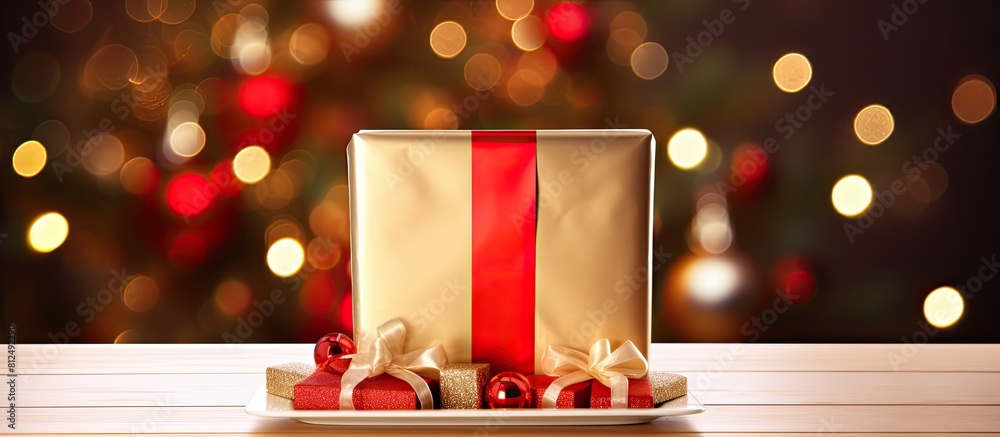 Poster A festive Christmas gift box is displayed on a tablet creating a visually appealing copy space image