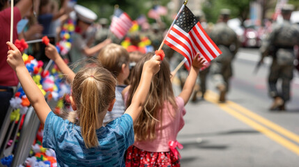 Children waving flags at a passing Memorial Day parade with veterans and active military personnel marching by.