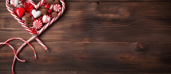 A festive Christmas background featuring candy canes arranged in a heart shape The words Best Wishes are written on a wooden table which also offers ample copy space for your own message or image - Powered by Adobe