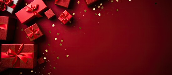 A festive top view image showing various gift boxes embellished with red ribbons on a vibrant background perfect for holiday celebrations and congratulations Copy space included