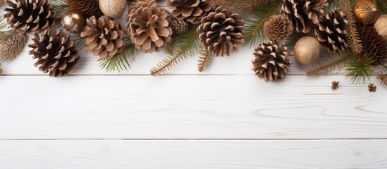 A festive background with a copy space image featuring pine and cypress cones along with twigs beautifully arranged on a white wood table for Christmas decoration - Powered by Adobe