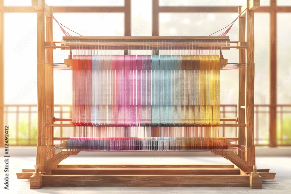 Poster a wooden loom with colorful threads is displayed on a colorful background
