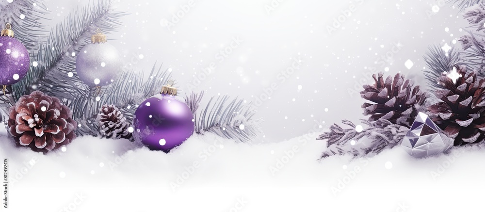 Aufkleber festive header with a snowy frame of purple christmas decorations and pine twigs creating a holiday 