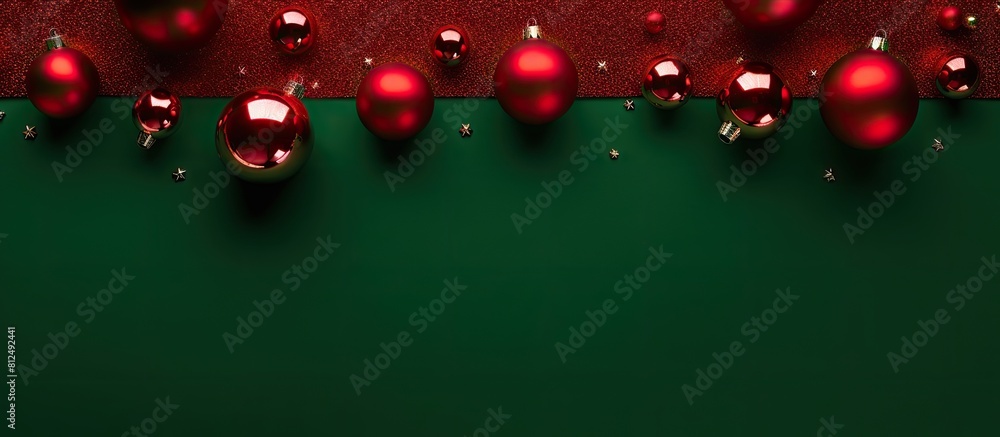 Poster A festive Christmas pattern showcases shiny red and green baubles on a red background with copy space This minimalistic wintery design represents the new year The top view and flat lay angle enhance