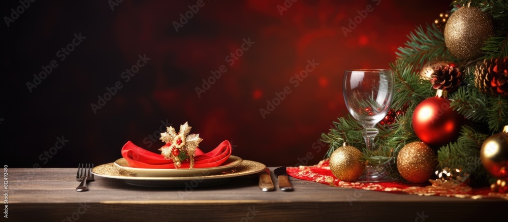 Poster a festive christmas themed table with a beautifully decorated christmas tree branch a golden bell an