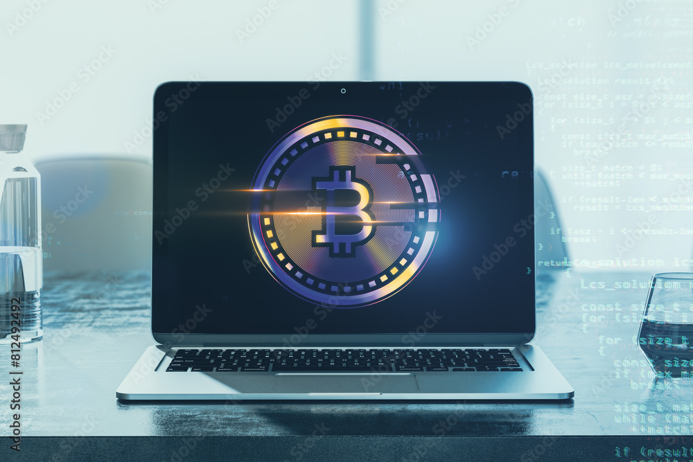 Poster Close up of laptop on desk with creative glowing digital bitcoin on blurry workplace background with binary coding. Virtual cryptocurrency and futuristic banking concept. 3D Rendering.