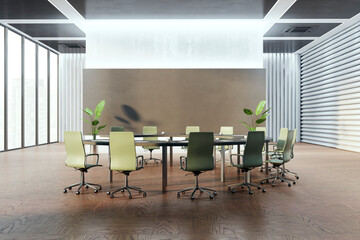 Modern concrete meeting room interior with round table, window and city view. Boarding room concept. 3D Rendering.