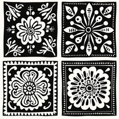 4 seamless black and white floral patterns, traditional folk art motifs
