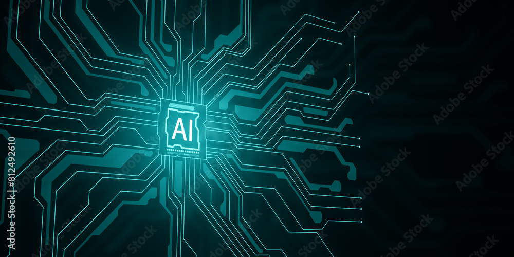 Poster Creative AI circuit hologram on dark background with mock up place. Artificial intelligence and innovate concept. 3D Rendering.