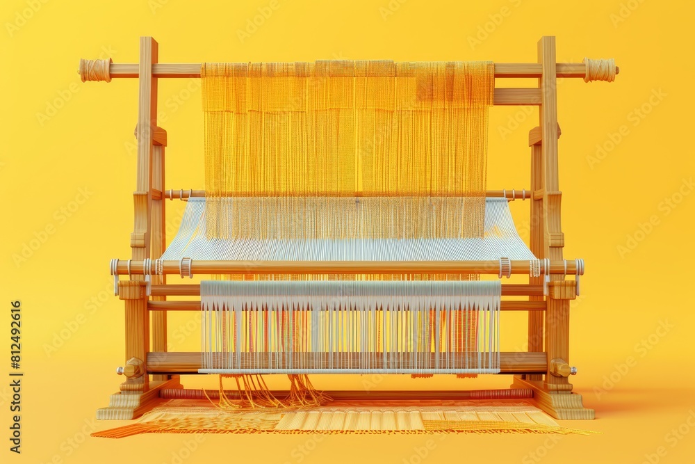 Poster a wooden loom with colorful threads is displayed on a colorful background