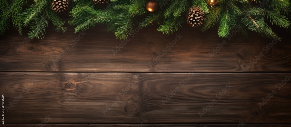 Aufkleber A festive Christmas themed image featuring a wood texture backdrop with a square frame at the top showcasing a beautiful fir tree 152 characters. Creative banner. Copyspace image