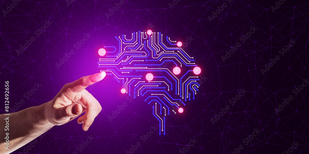 Poster Close up of male hand using creative circuit brain with dots on dark background with mock up place. Artificial intelligence and machine learning concept.