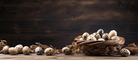 A wooden background with a basket filled with quail eggs and feathers provides an ideal copy space image
