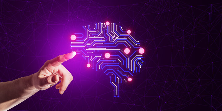 Close up of male hand using creative circuit brain with dots on dark background with mock up place. Artificial intelligence and machine learning concept.