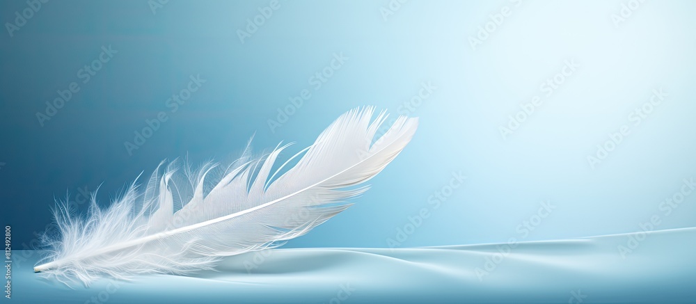 Poster A white feather floats in the air creating an abstract and ethereal ambiance There is ample copy space surrounding the feather