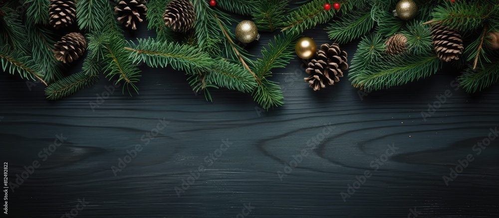 Aufkleber top view of a flat lay christmas composition featuring fir tree branches festive decorations and a c