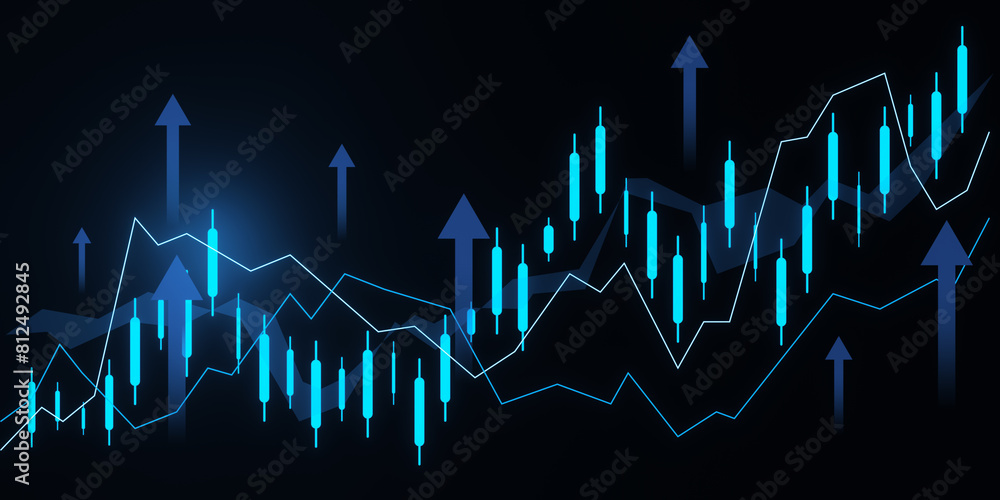 Poster creative glowing growing forex chart with arrows on dark texture. financial growth and stock concept