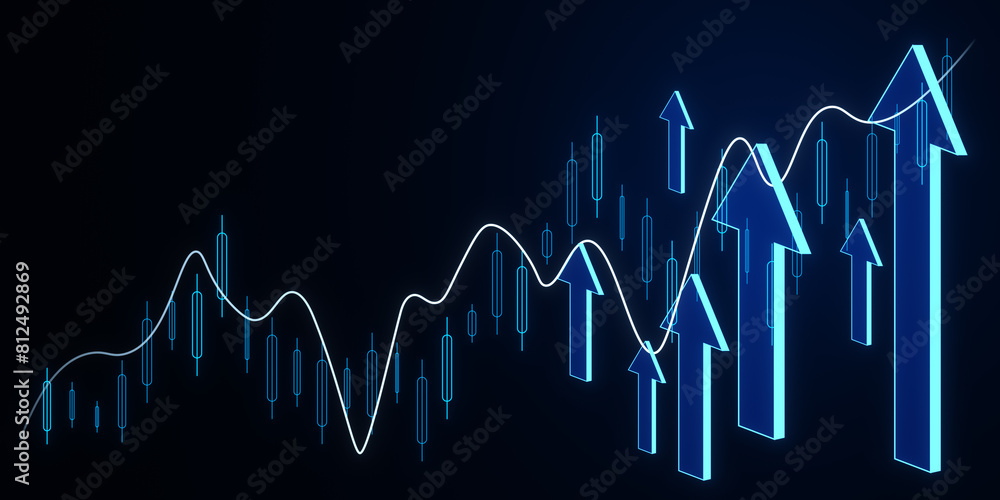 Poster creative glowing growing forex chart with arrows on dark background. financial growth and stock conc