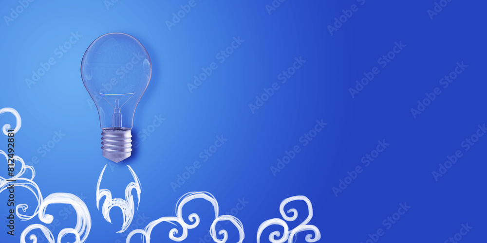 Poster Creative flying light bulb sketch on blue background with mock up place. Start up ideas, innovation and brainstorm concept. 3D Rendering.