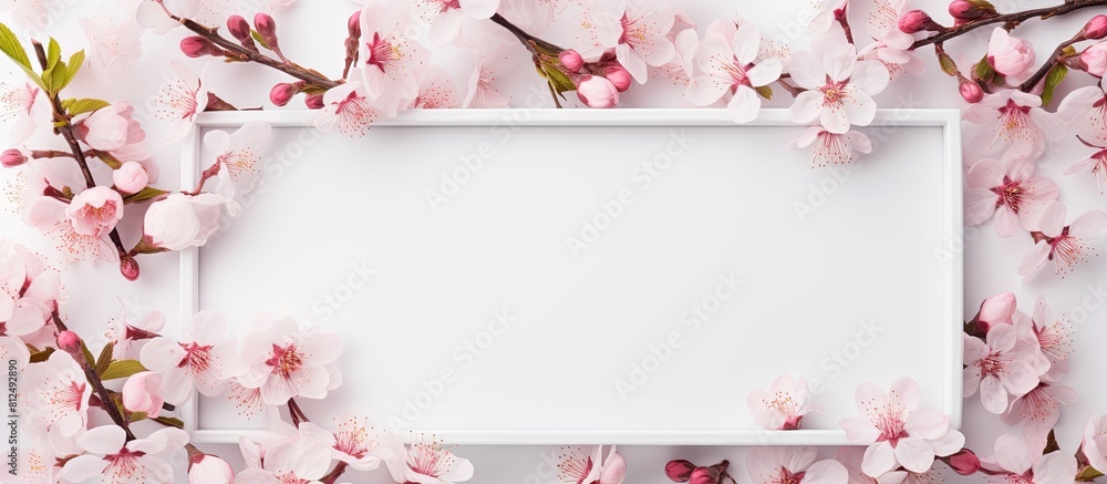 Aufkleber A flat top view of a box isolated on a white background showcasing a beautiful frame consisting of pink and white almond blossoms with spring blooming branches The image offers ample copy space