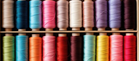 A box filled with threads of various colors providing a vibrant and diverse selection for any project The box appears ready for use in a stunning copy space image
