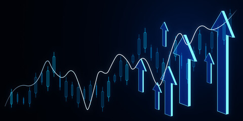 Creative glowing growing forex chart with arrows on dark background. Financial growth and stock...