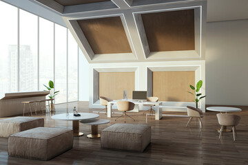 Modern spacious stylish wooden and concrete coworking office interior with panoramic window and daylight. 3D Rendering.