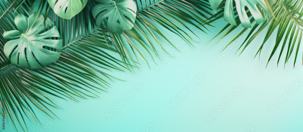 Poster the top view of a tropical frame with green palm trees monstera leaves and branches on a neo mint ba