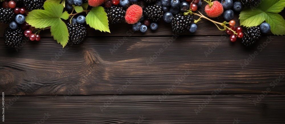Aufkleber a frame with a copy space image for inscription on a wooden table displaying fresh organic berries i