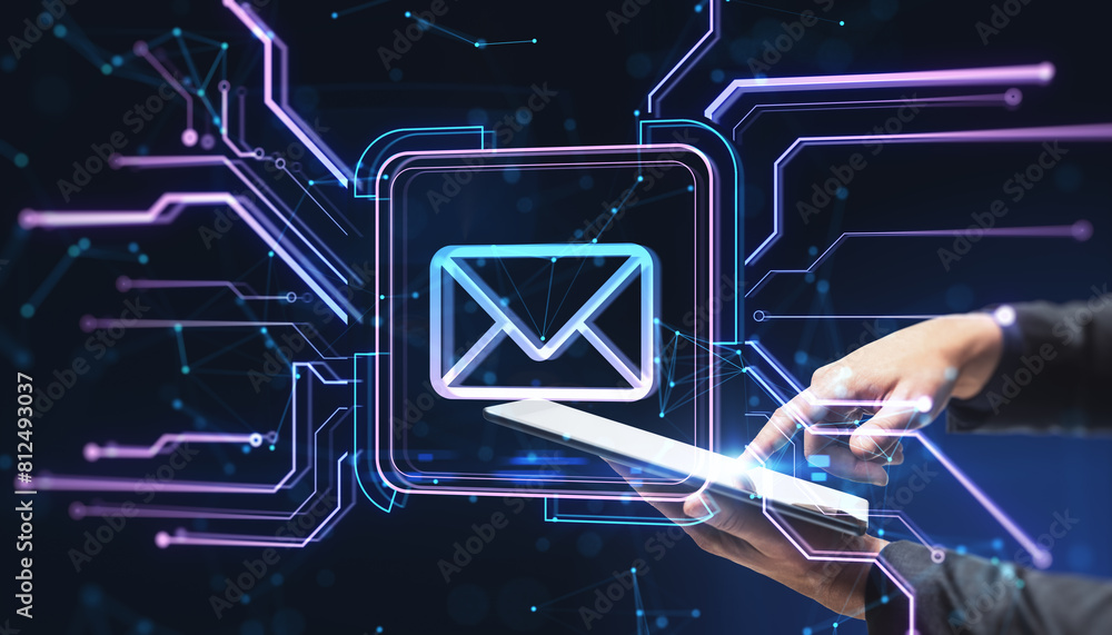 Poster Close up of male hand using smartphone with creative square circuit button hologram with email icon on dark background. Technology and e-mail newsletter concept.