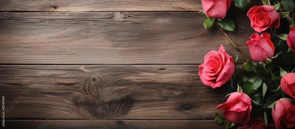 Aufkleber A flower frame with roses placed on a weathered wooden board creating a pattern texture suitable for design purposes The composition offers ample copy space for an image