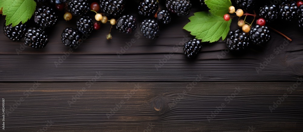 Poster a frame with a copy space image for inscription on a wooden table displaying fresh organic berries i