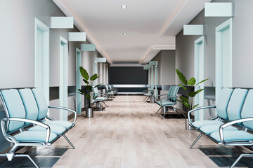 Futuristic corridor in a medical facility with aqua blue chairs and clean architectural lines, illuminated by ambient lighting. 3D Render