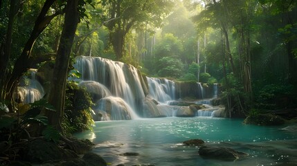 Beautiful waterfall in green forest in jungle